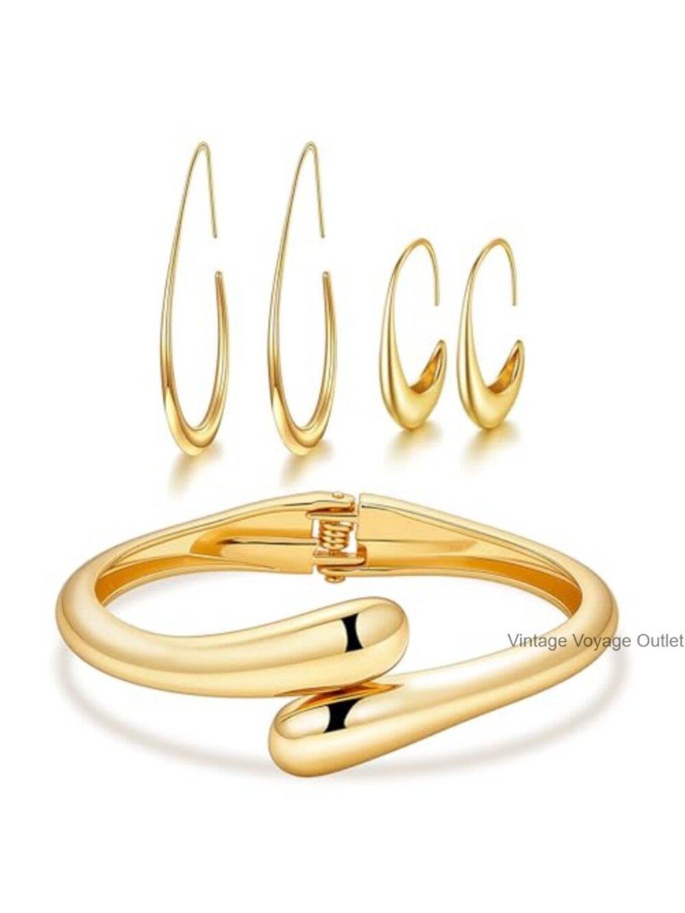 Gold Brass Teardrop Hoop Earrings Cuff Bracelet Set Polished Finish
